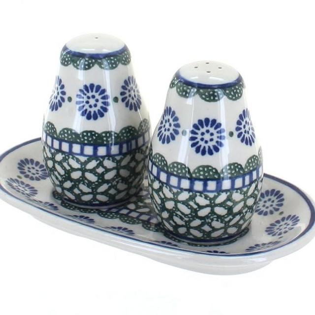 Blue Rose Polish Pottery Maia Salt & Pepper Shakers with Tray