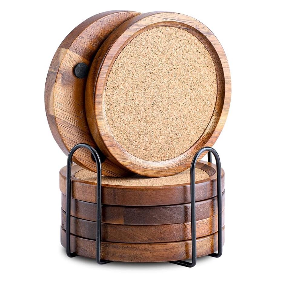 Wood Cork Coasters for Drinks Absorbent with Holder, WLWNWFT Acacia Wood Coaster Sets Rustic Farmhouse for Coffee Table Dining Table Wooden Table Coasters for Desk, Set of 6 4.33in