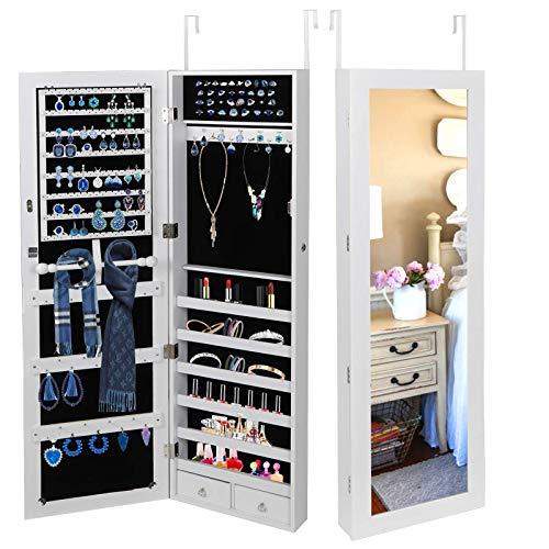 SUPER DEAL Jewelry Armoire Lockable Jewelry Cabinet Wall/Door Mounted Jewelry Organizer with Full Length Mirror and Drawers - 14.5W x 48H in - Frosty White (White)