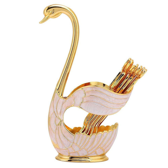 Yosoo 6PCS Golden White Coffee & Dessert Spoons Set with Swan Base Holder, Stainless Steel, Classic Style