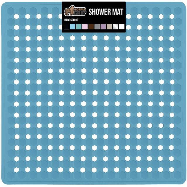 Gorilla Grip Patented Shower Stall Mat, 21x21, Machine Washable, Square Bathroom Bath Tub Mats for Stand up Showers and Small Bathtubs, Drain Holes Keep Floor Clean, Suction Cups, Sky Blue Opaque