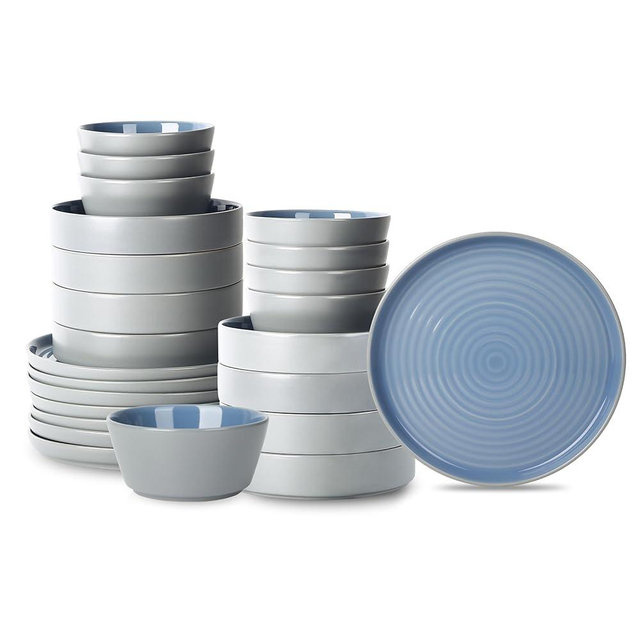 Stone Lain Elica 24-Piece Modern Dinnerware Set Stoneware, Plates and Bowl Sets for 8, Blue and Grey