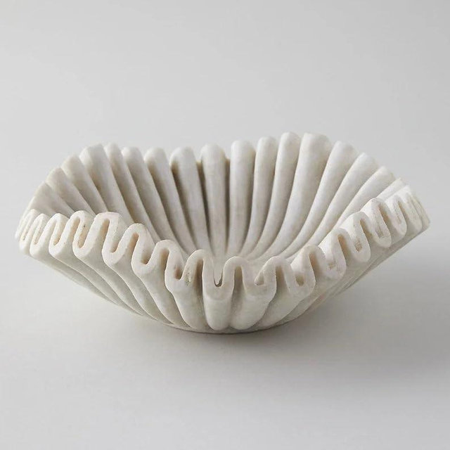 Marble Ruffle Bowl (9 Inches), Scallop Decorative Bowl, Fluted Decorative Dish, Table Catchall Centerpiece Decor, Gift For Housewarming