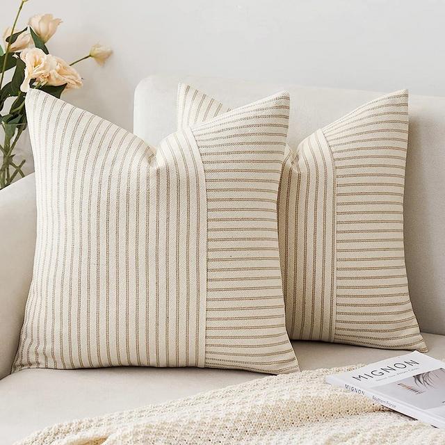MIULEE Khaki and Beige Patchwork Farmhouse Pillow Covers 18x18 Inch, Pack of 2 Striped Linen Decorative Modern Accent Pillow Cases for Sofa Couch Bedroom