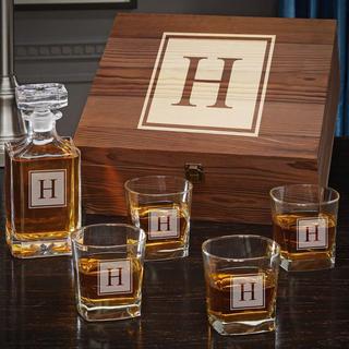 Block Monogram Personalized Carson Whiskey Decanter Set with Square Rocks Glasses
