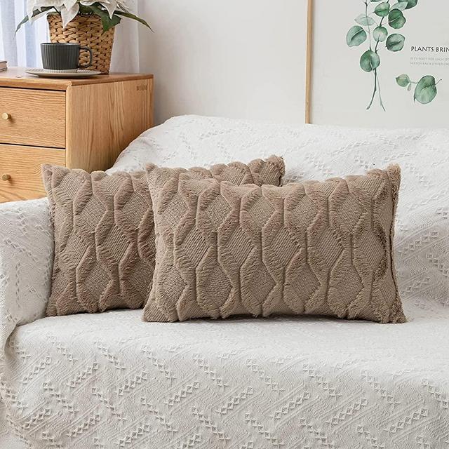 MIULEE Park of 2 Decorative Throw Pillow Covers Boho Velvet Pillow Cases Soft Plush Short Wool Cushion Case for Sofa Couch Living Room Bedroom, 12x20 Inch, Light Brown