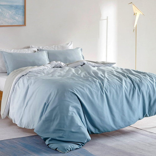 SLEEP ZONE Bedding Duvet Cover Sets Printed Ombre Color 120gsm Ultra Soft Zipper Closure Corner Ties 3 Pieces, Ombre Grey Blue, Full/Queen (90x90 inch | 2 Pillow Shams)