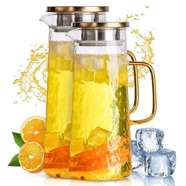 Glass Water Pitcher with Stainless Steel Lid, 2 Pack, 50 oz 1.5L - Borosilicate Glass Jug, Heat Resistant Carafe with Filter, Golden Vintage Design
