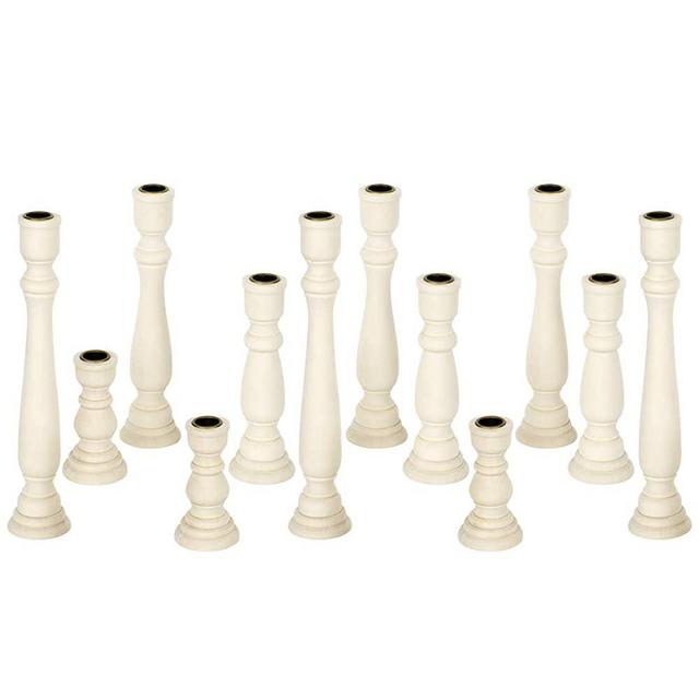 Koyal Wholesale Unfinished Wood Taper Candlestick Holders, 12 Pack Bulk Set, 4 Assorted Sizes, 11, 9, 6.75 and 4-Inches DIY Wedding Decor, Home Decor, Rustic Taper Candle Holders