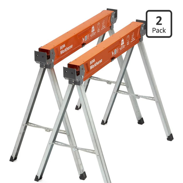 BORA Workhorse Saw horses 2 pack Folding Heavy Duty Metal Sawhorse with 2x4 Bracket Built in Bottle Opener Professional Saw Horse for Woodworking Carpenters Contractors PM-3350T