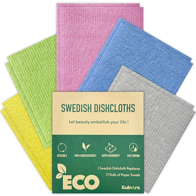 Eulnars Swedish Dishcloths for Kitchen, 10 Pack Reusable Paper Towels Washable, Ultra Absorbent Dish Towels for Washing Dishes, Non-Scratch Cellulose Sponge Cloths, No Odor, Biodegradable