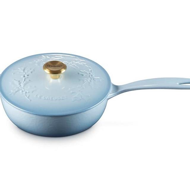 Le Creuset Enameled Cast Iron Holly Collection Traditional Saucier, 2.25 qt., Coastal Blue with Gold Knob