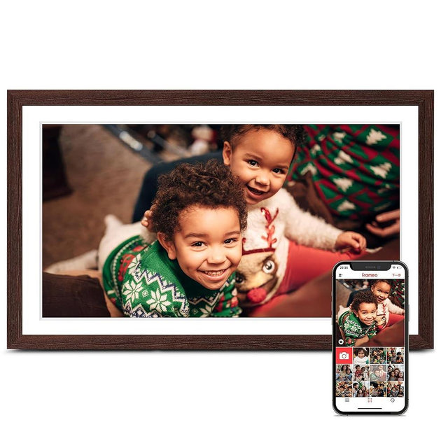 Digital Picture Frame Frameo, Large 15.6 Inch Digital Photo Frame, WiFi Electric Frame, 1920 * 1080 IPS FHD Touchscreen, 32GB, Tabletop&Wall-Mounted, Share Video Picture, Gifts for Mom, Black Walnut