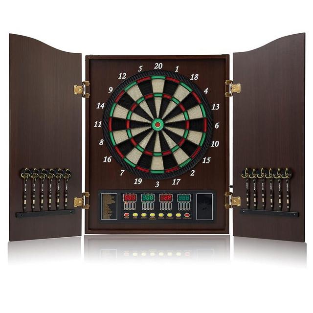 Hanbramo Dart Board, Decorative Dart Board Cabinet Set [12*Soft Tip Darts], Electronic Dart Board - Wooden Cabinet Doors with Integrated Scoreboard for Family Game Rooms