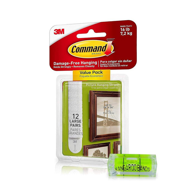 Picture Hanging Kit | Picture Hanging Strips Large & Leveler | 12-Pair | Perfect for Hanging Small & Large Frames, Photos, Pictures, Posters on Walls/ Drywalls | No Nail/ Hook Damage