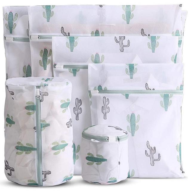 WestonBasics 6 Pcs Mesh Laundry Bags for Delicates with Cute Prints, Travel Storage Organizer Pack, Garment Washing Bags for Clothes, Bras, Underwear, Socks, Lingerie, GREEN (CACTUS)