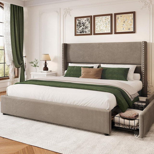 LARMACE King Size Bed Frame with 4 Storage Drawers,Corduroy Upholstered King Size Platform Bed Frame with Tufted Vertical Stripe,Solid Wood Leg/No Box Spring Needed/Noise Free,Brown