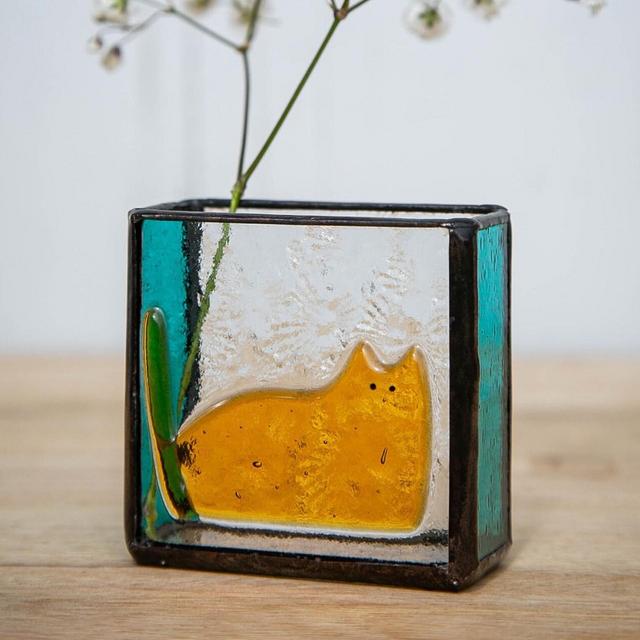 Fused glass Orange cat decor, Stained glass vase, Cats lover cute gift, Delivery after Christmas!