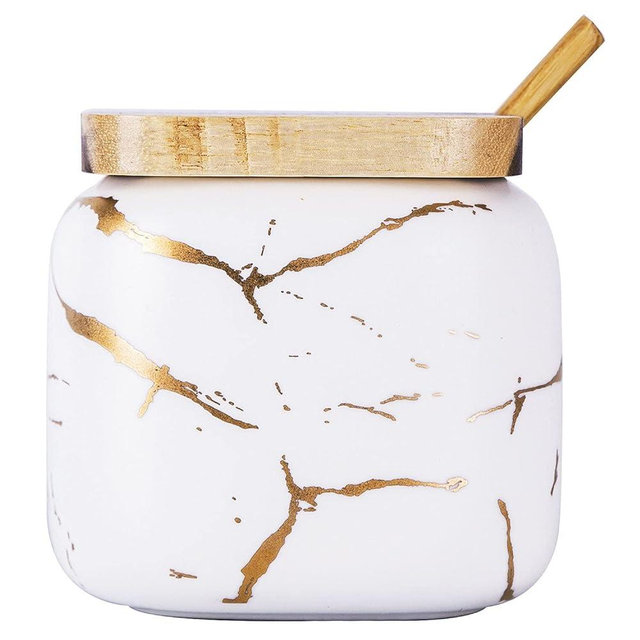 VanEnjoy Decorative Marble Inlay Glaze Ceramic Sugar Spice Containers Porcelain Jar with Bamboo Lid and Spoon Condiment Jar for Home