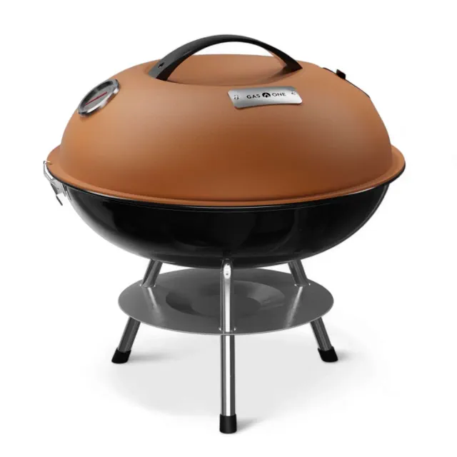 GasOne 14-inch Brown Portable Charcoal Grill – Barbecue Grill with 3-Point Locking Lid for Heat Preservation Dual Venting System