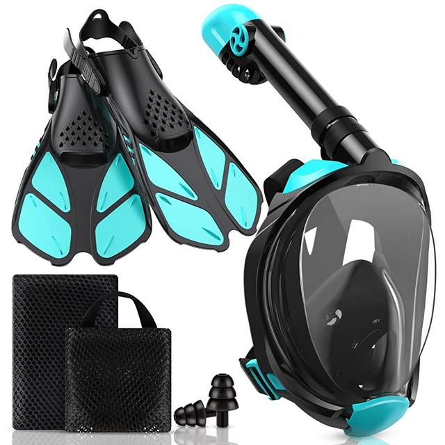 Viginsul Snorkeling Gear for Adults, Full Face Snorkel Mask with Dry Top System & Adjustable Swim Fins, Foldable Panoramic View Snorkeling Mask Set Anti-Fog & Anti-Leak