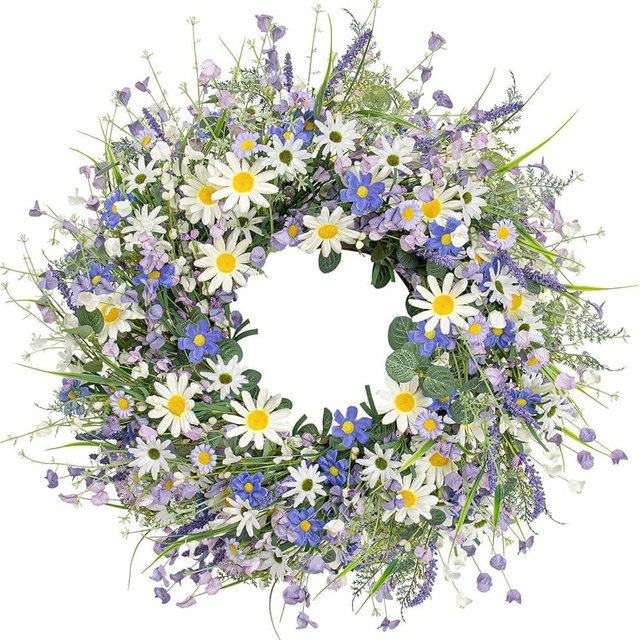 24 Inches Summer Wreaths for Front Door Blue Summer Door Wreath Spring Floral Wreath with Wildflower White Sunflower for Porch Indoors Outdoor Window Home Decorations