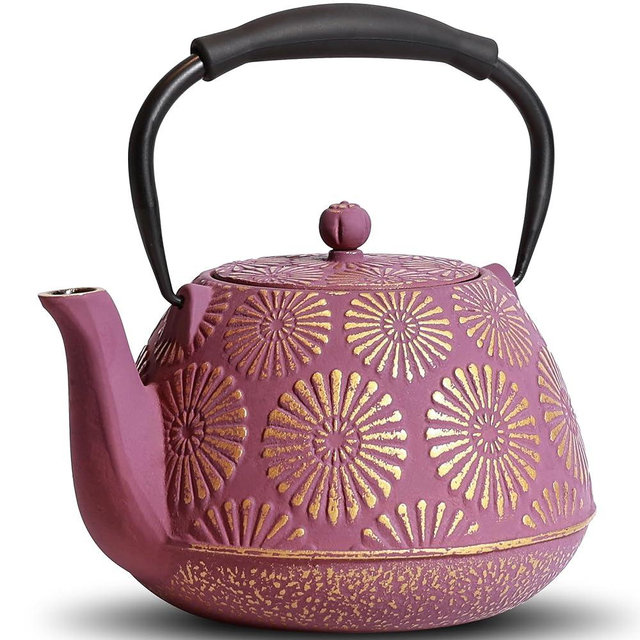 MILVBUSISS Cast Iron Teapot, 40oz Tea Kettle with Infuser for Stove Top, Sakura Design Japanese Tea Pot for Loose Leaf Coated with Enameled Interior, Silicone Handle 1200ml Pink
