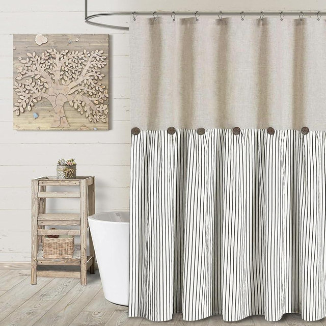 Awellife Linen Button Farmhouse Beige Shower Curtain,Linen and Cotton Woven Fabric,Pleated Black Stripe,Country Style (72" L x 72" W)