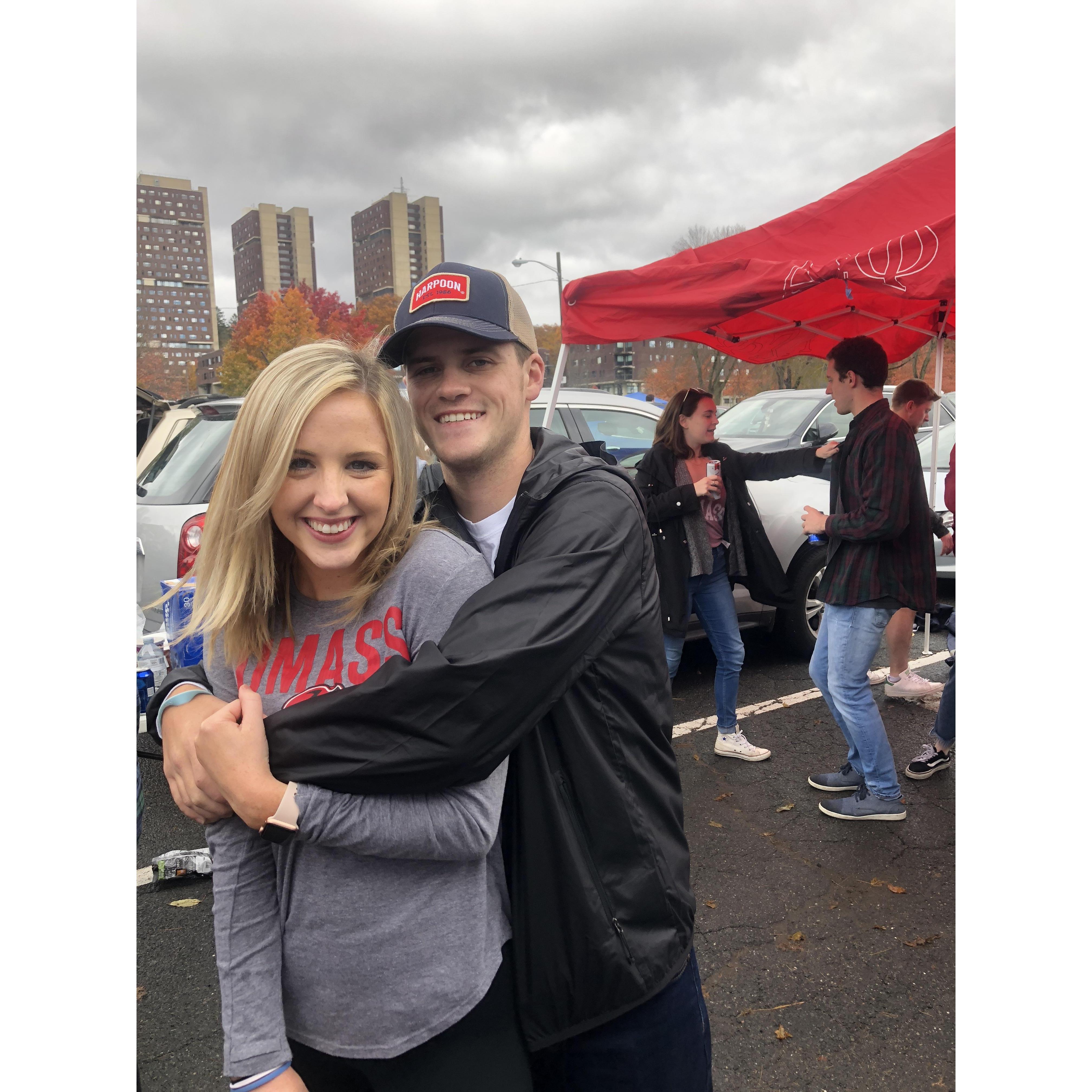 Two UMass Alumni at their first Homecoming tailgate for UMass Football!