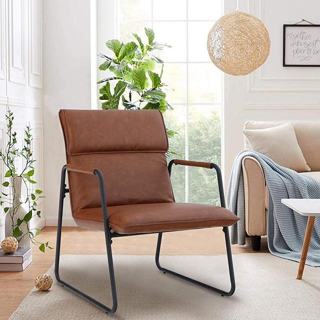 Sophia & William Accent Chair, Leather Lounge Chair with Metal Legs, Modern Upholstered Armchair for Living Room Bedroom, Mid Back, Brown
