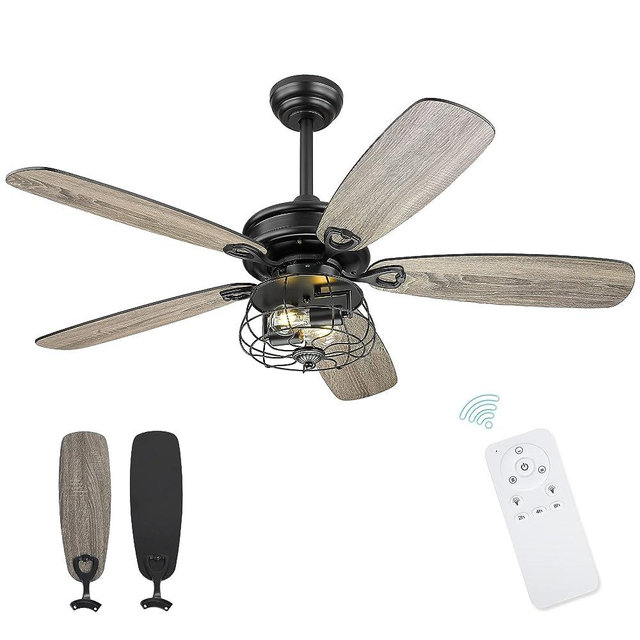 Melkelen Farmhouse Ceiling Fans, 52 Inch Ceiling Fans with Lights and Remote Control, Rustic Barnwood Blades, Industrial Cage Light, Matte Black, MK03-BK