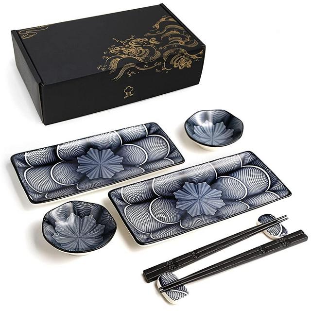 8 Piece Japanese Style Ceramic Sushi Plate Set 10-inch rectangle sushi dishes- 2 Sushi Plates, 2 Sauce Dishes, 2 Pairs of Chopsticks, 2 Chopsticks Holders