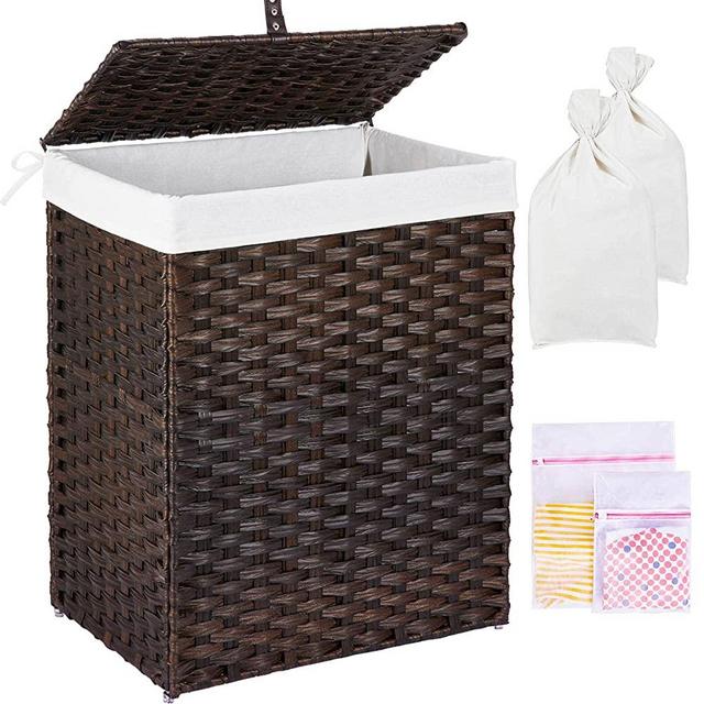 GREENSTELL Laundry Hamper with Lid, 90L Clothes Hamper with 2 Removable Liner Bags & 2 Mesh Laundry Bags, Handwoven Synthetic Rattan Laundry Basket for Clothes, Toys in Bathroom, Bedroom Brown