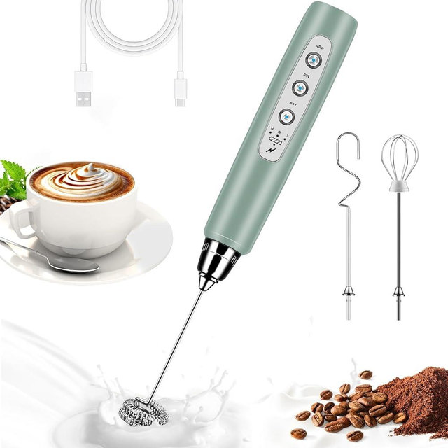 BSRGMS Milk Frother Handheld for Coffee, Electric Whisk 3 Speed Adjustable, Drink Mixer with Stainless 3 Whisks, Rechargeable Hand Frother Wand, Foam Maker for Latte Cappuccino Hot Chocolate Egg Green