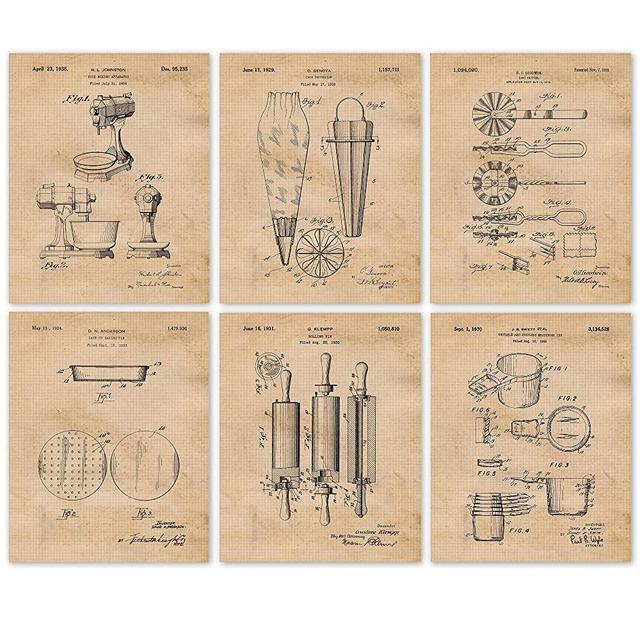 Vintage Baking Patent Prints, 6 (8x10) Unframed Photos, Wall Art Decor Gifts Under 20 for Home Office Studio Kitchen Diner Shop Student Teacher Sous Chef Cook Cullinary Fan