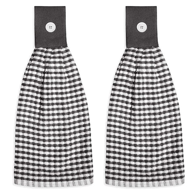 Cackleberry Home Gingham Check Terrycloth Hanging Kitchen Hand Towel Cotton with Button Accent, Set of 2 (Charcoal Gray)