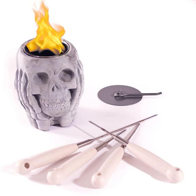 WEYLAND Tabletop Skull Fire Pit with Roasting Sticks - Mini Halloween Decor Fireplace and Indoor / Outdoor Personal Portable Table Top Smores Maker Firepit - Concrete Bonfire Bowl Rubbing Alcohol Fuel