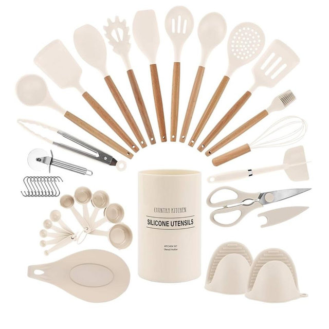 Country Kitchen Non Stick Silicone Utensil Set with Rounded Wood Handles for Cooking and Baking, 38 Piece Set, Khaki