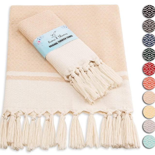 RUMI & SHAMS Turkish Hand Towel Set of 2 | 100% Cotton Modern Farmhouse Hand Towels | 16 x 32 Inches Boho Towels | Bathroom Hand Towels | Perfect Turkish Kitchen Towels | Bath Hand Towels (Sand)