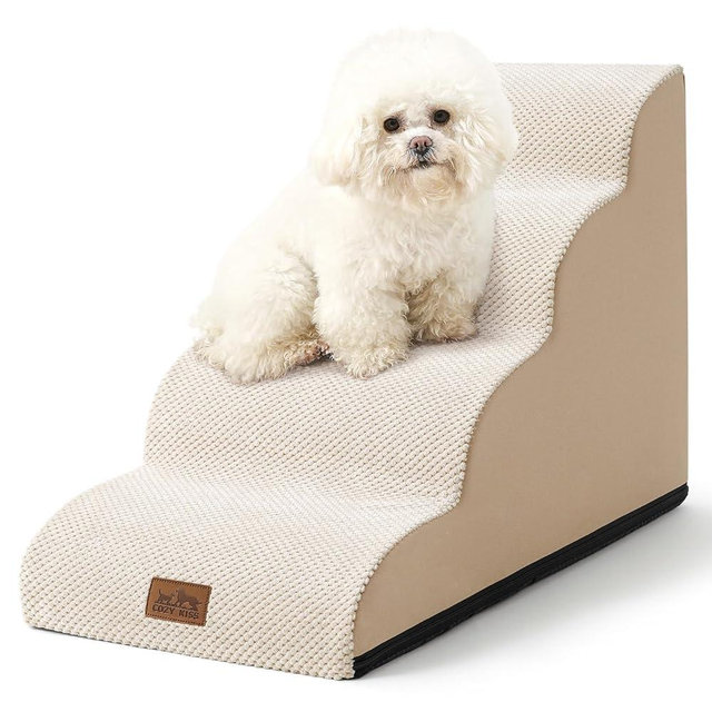 COZY KISS Dog Stairs for Small Dogs 19.7" H, Curved Dog Step for Puppy, Older or Cat, Medium Pet Ramp for Sofa, Couch or Bed, Ladder with High Density Foam, 15.7x28.3x19.7 inch, 4 Step, Beige