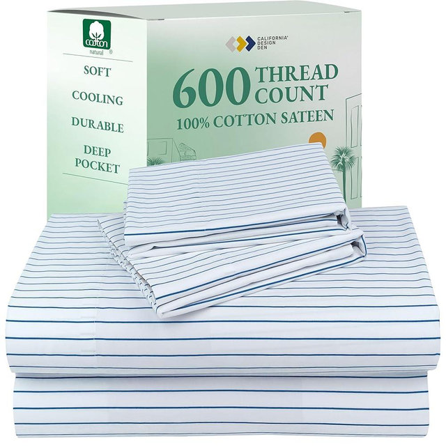 California Design Den Printed Striped Sheets Queen Size Bed Set - 600 Thread Count, 100% Cotton Sateen, Premium Deep Pocket Queen Bed Sheets - Classic Blue Stripe Print