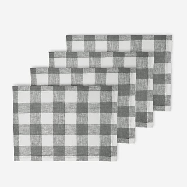 Solino Home 100% Pure Linen Buffalo Check Placemats – Grey & White Check Placemat Set of 4, 14 x 19 Inch Tablemat for Dinner