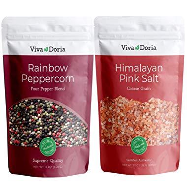Viva Doria Rainbow Peppercorn Blend (Steam Sterilized Whole Black, White, Green and Pink Peppercorn) 12 oz and Himalayan Pink Salt (Coarse Grain) 2 lbs for Grinder Refills