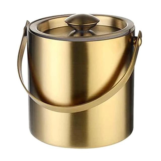 SLSNATFOUND Double Wall Stainless Steel Insulated Ice Bucket with Lid [2 Liter] Keeps Ice Cold & Dry, Comfortable Carry Handle, Great for Home Bar, Chilling Beer Champagne and Wine (Gold)