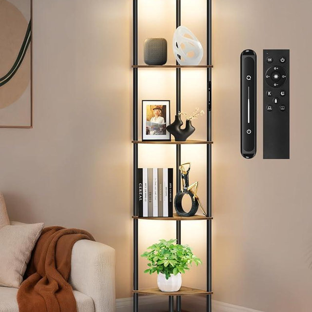 OUTONLIFE 5 Tier Corner Shelf with LED Light, Touch & Remote Control, Dimmable Narrow Corner Bookshelf with 3 Color Temperature, 1-Hour Timer, Display Shelves for Living Room, Bedroom