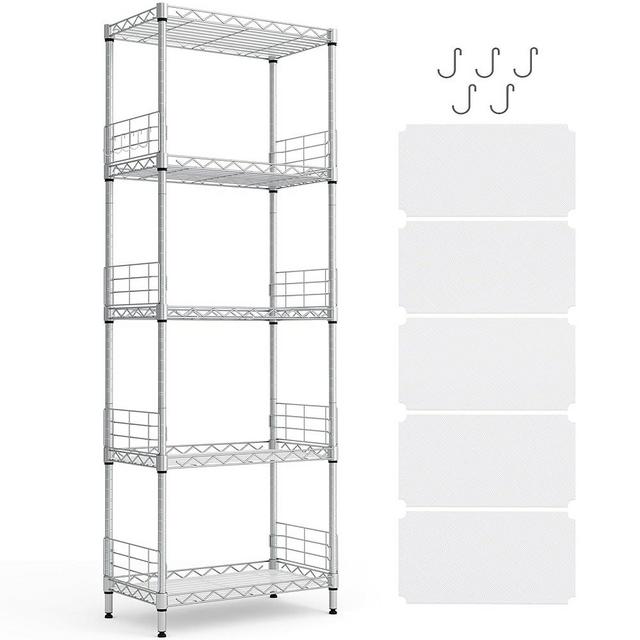 LINSY HOME Upgrade 5-Tier Storage Shelves, Height Adjustable Pantry Shelves with 5 Hooks & Shelf Liners, Metal Shelves for Storage, Storage Shelf Heavy Duty for Living Room, Kitchen, Bathroom