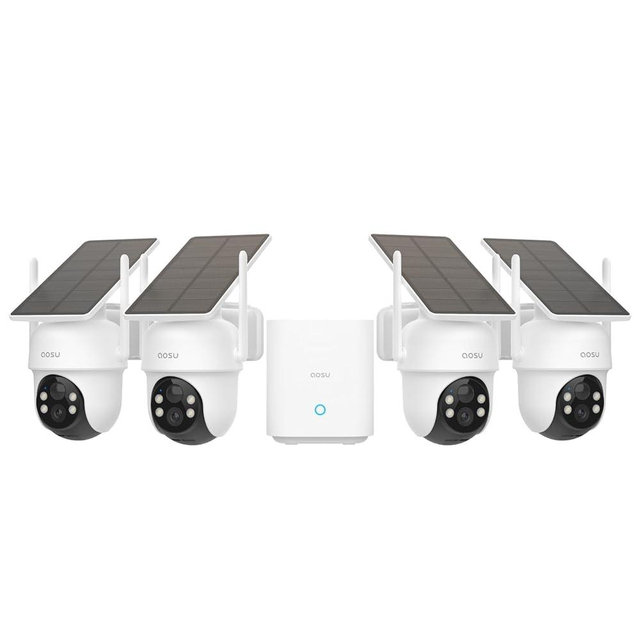 AOSU Security Cameras Outdoor Wireless, 4 Cam-Kit, No Subscription, Solar-Powered, Home Security Cameras System with 360° Pan & Tilt, Auto Tracking, 2K Color Night Vision, Easy Setup, 5G & 2.4G WiFi