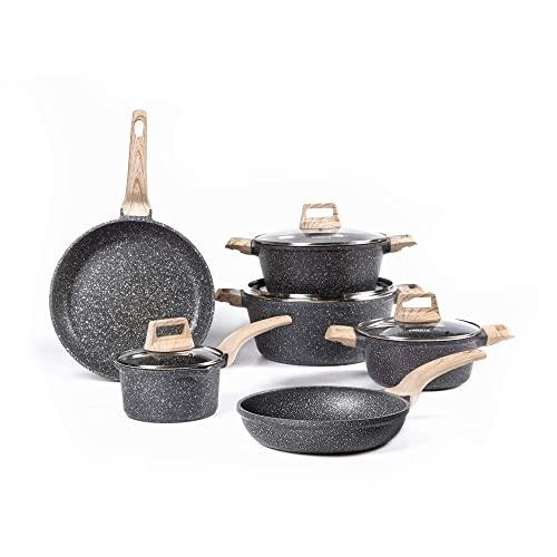 Carote Nonstick Cookware Set,10 Pcs Nonstick Cookware Set Pan and Pot, Essential Woody, Black