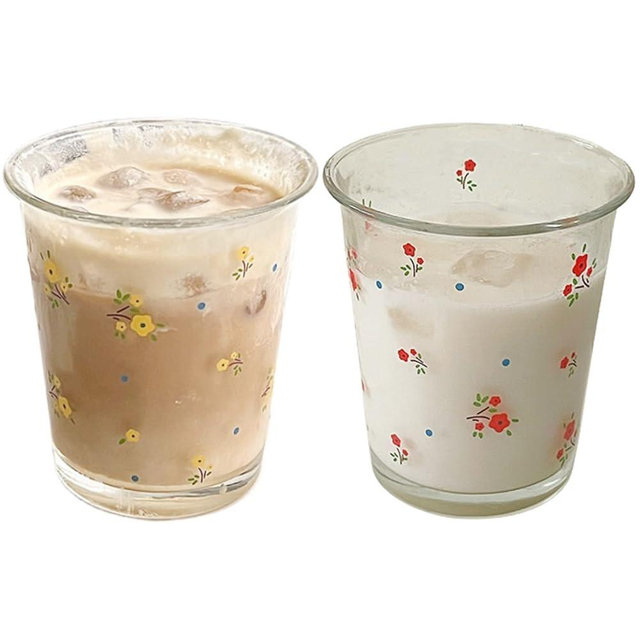 yaocoral Set of 2 12 OZ French Glassware,Floral Drinking Glasses,Stackable Floral Glass Cup for Juice,Coffee,Latte,Milk,Iced Tea,Dessert,Mixed Drinks,Flower Drinkware Set(red yellow)