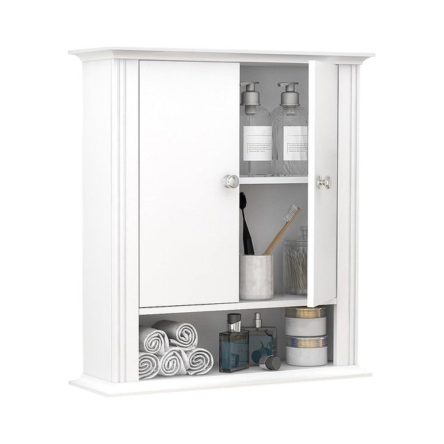 White Bathroom Wall Cabinet, Over the Toilet Storage Cabinet, Bathroom Cabinet Wall Mount, 2 Doors & Hooks, Medicine Cabinet Organizer, Hanging Wall Cabinet Cupboard for Kitchen Laundry Room White